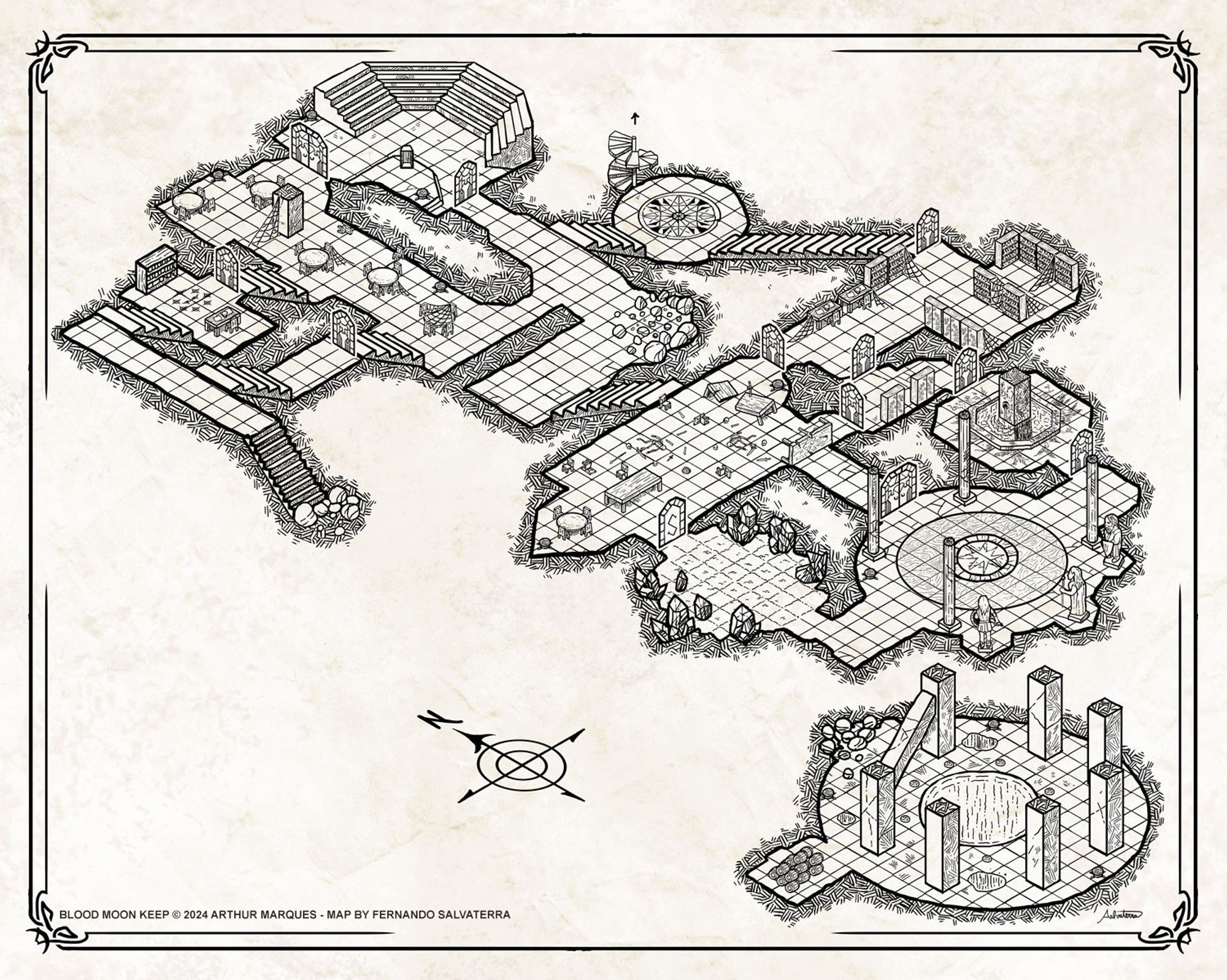 black and white isometric dungeon map with many forgotten rooms of an abandoned dwarven fort. it has a library, an auditory, baths, refectory, office, ritual room, etc.