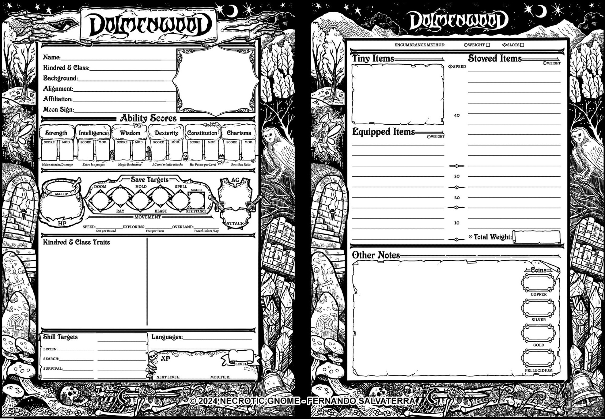 black-and-white illustrated character sheet for the RPG Dolmenwood. It has a thick illustrated border with woods, crystals, a skeleton, mushrooms, an owl, a magic bell, a dungeon entrance, a swamp, mountains, fairies, a forsaken bookshelf of magic tomes and a starry night sky.