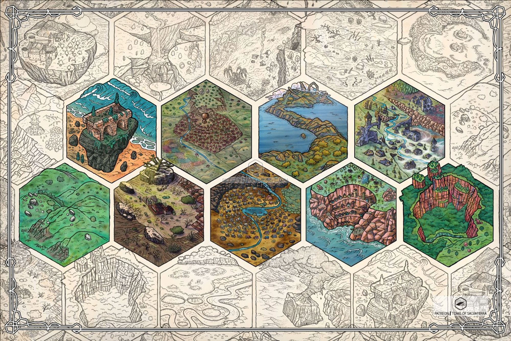 Composition with 9 different mini hex maps with hills, shorelines, rivers, cliffs and ravines.