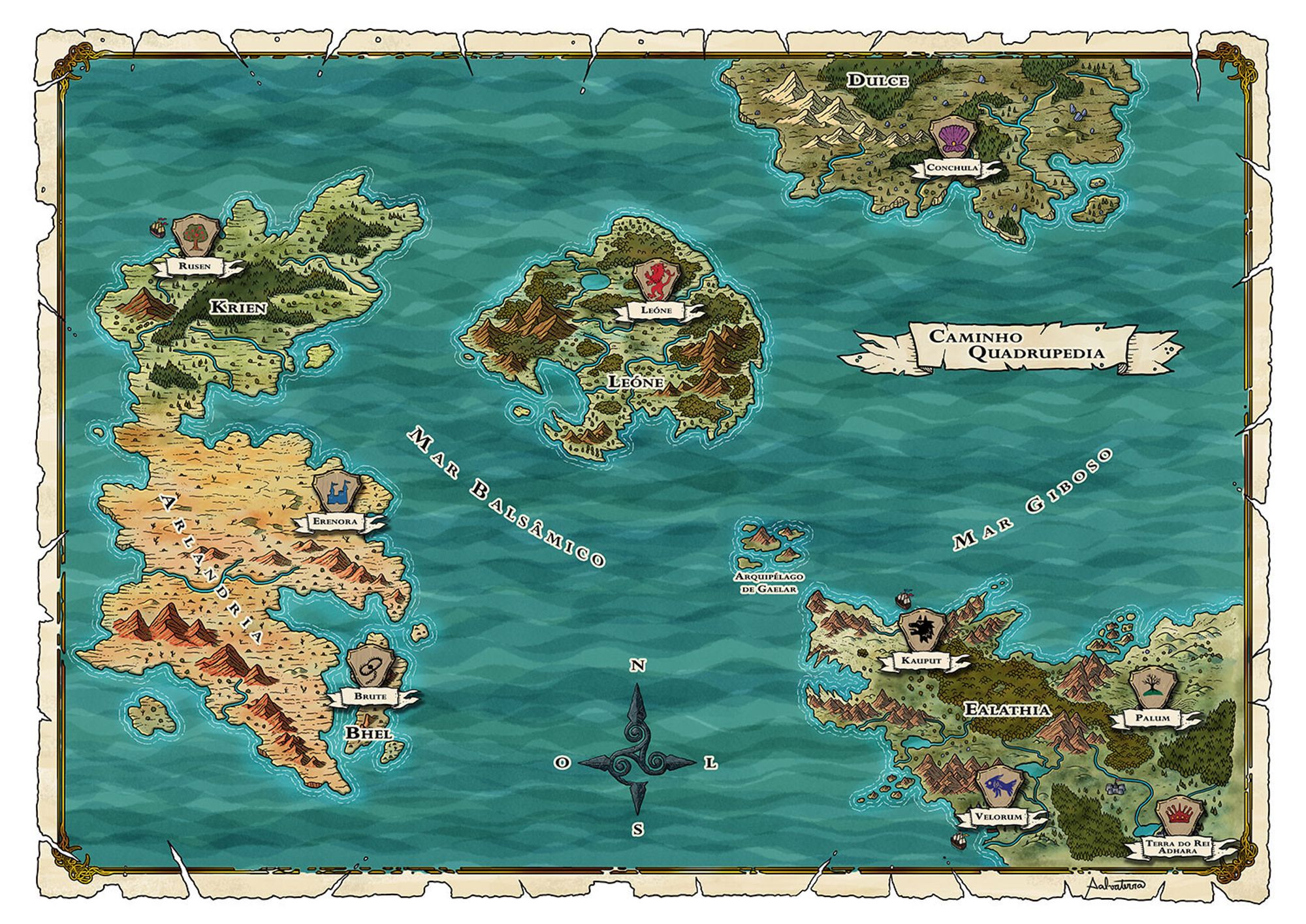 a map depicting four main landmasses with forests, mountain ranges and a desert. it is called "caminho quadrupedia". on the lands has a wolf's head shape and the central one, a lion's head shape.