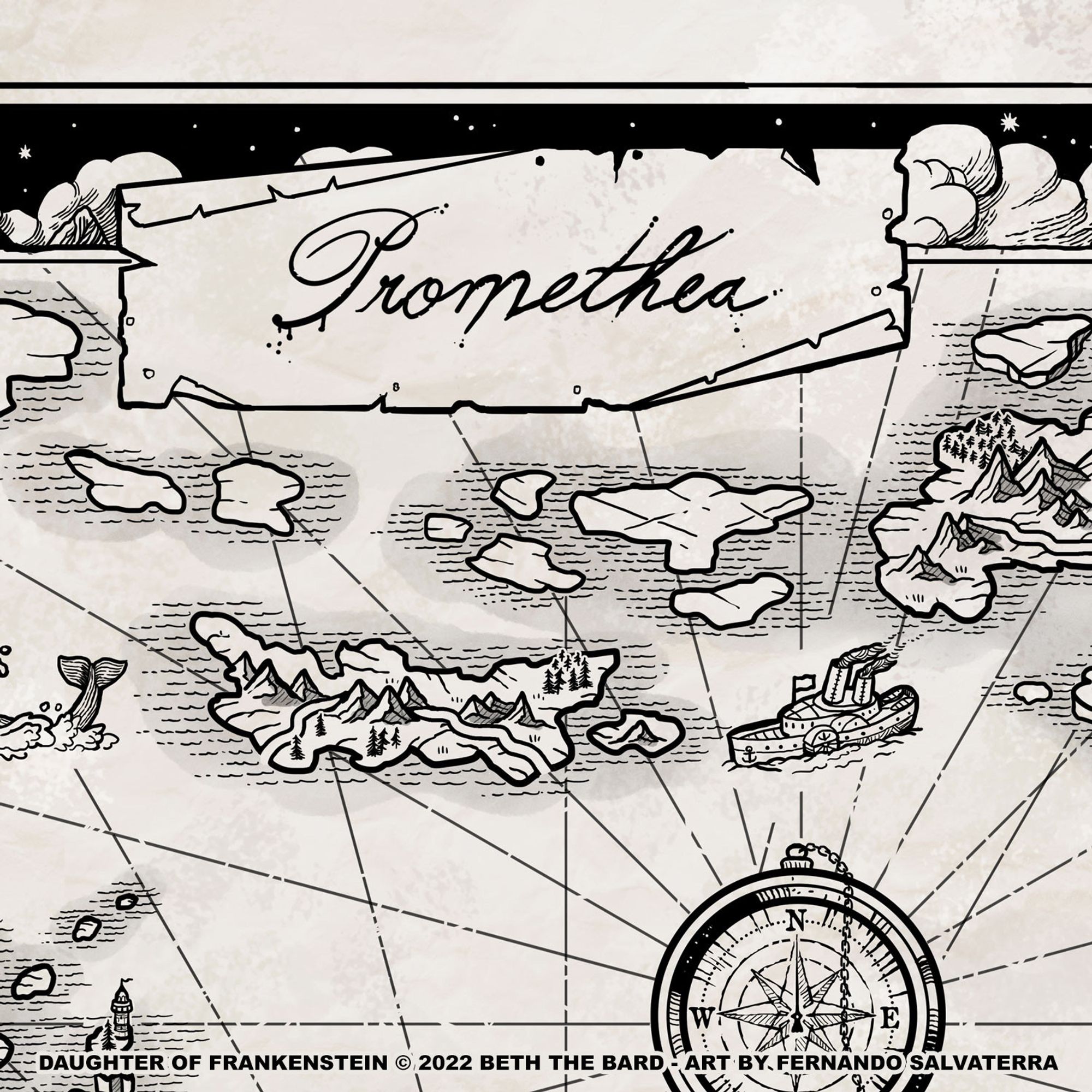 black and white map fragment showing the title banner that is a ragged piece of paper with a handwritten word: promethea. we can also see an archipelago and a steamship just above a compass rose.