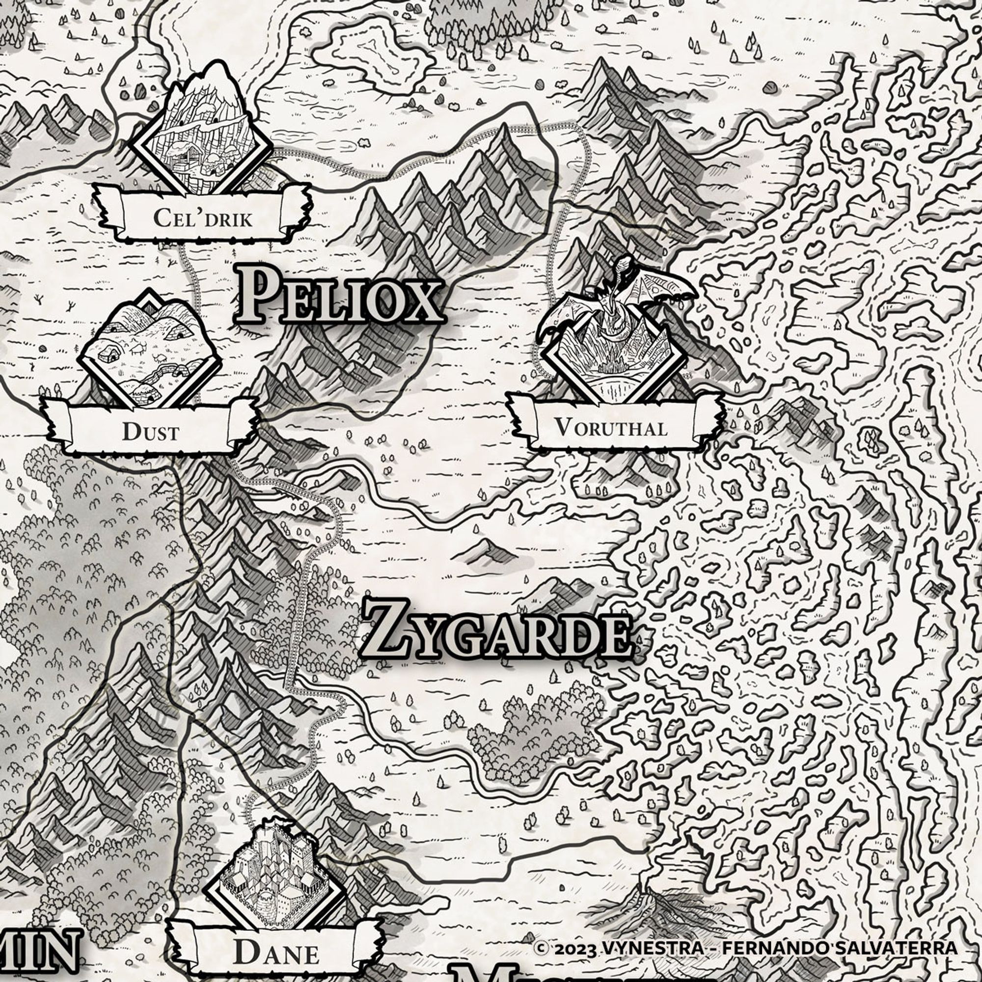 black and white map fragment depicting an eastern shoreline broken in many islands. then a plain and a mountain range in the west