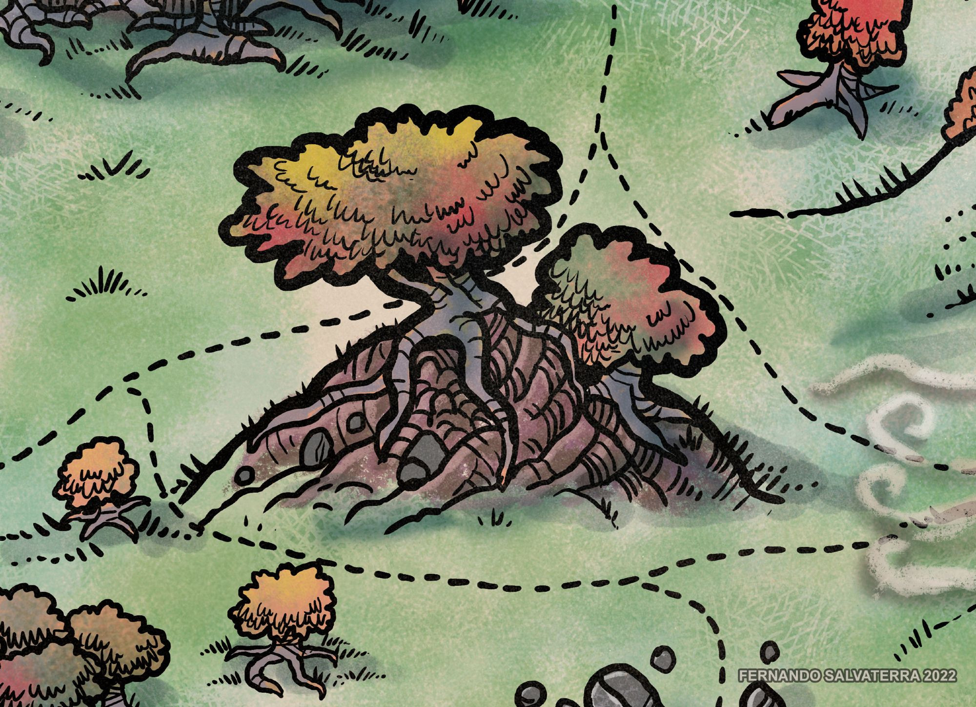 map fragment depicting a rocky hill with two big trees with exposed gnarled roots