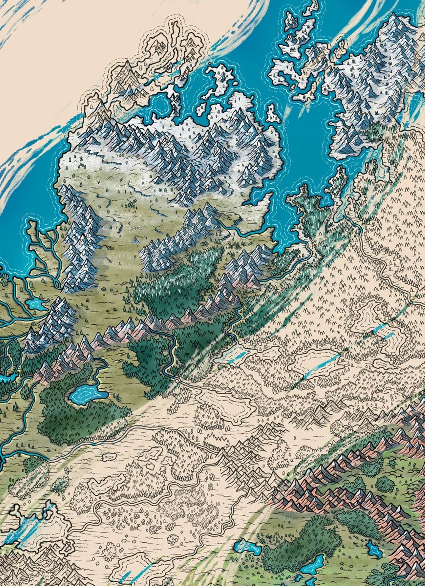 fragmento de um mapa de fantasia representando um continente lotado de montanhas, florestas e lagos.