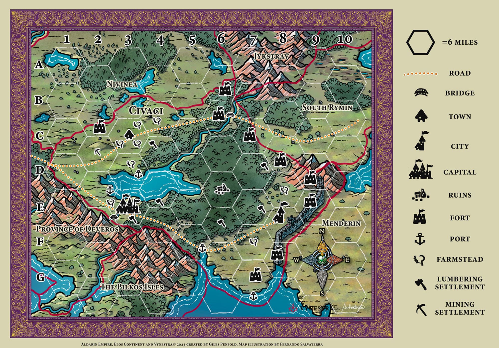 a hex map depicting the province of Civaci crammed between mountain ranges north and south, connected to Nivinea to the east and cut from Menderin in the East by a colossal stone wall. It has a huge forest in its central place, surrounding a lake where the capital stands on its south bank.