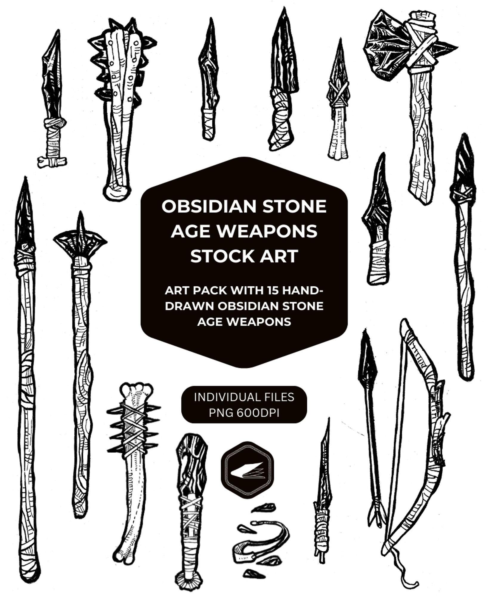 drawing of several stone age obsidian weapons such as daggers, spears and clubs. "obsidian stone age weapons stock art - art pack with 15 hand-drawn obsidian stone age weapons".