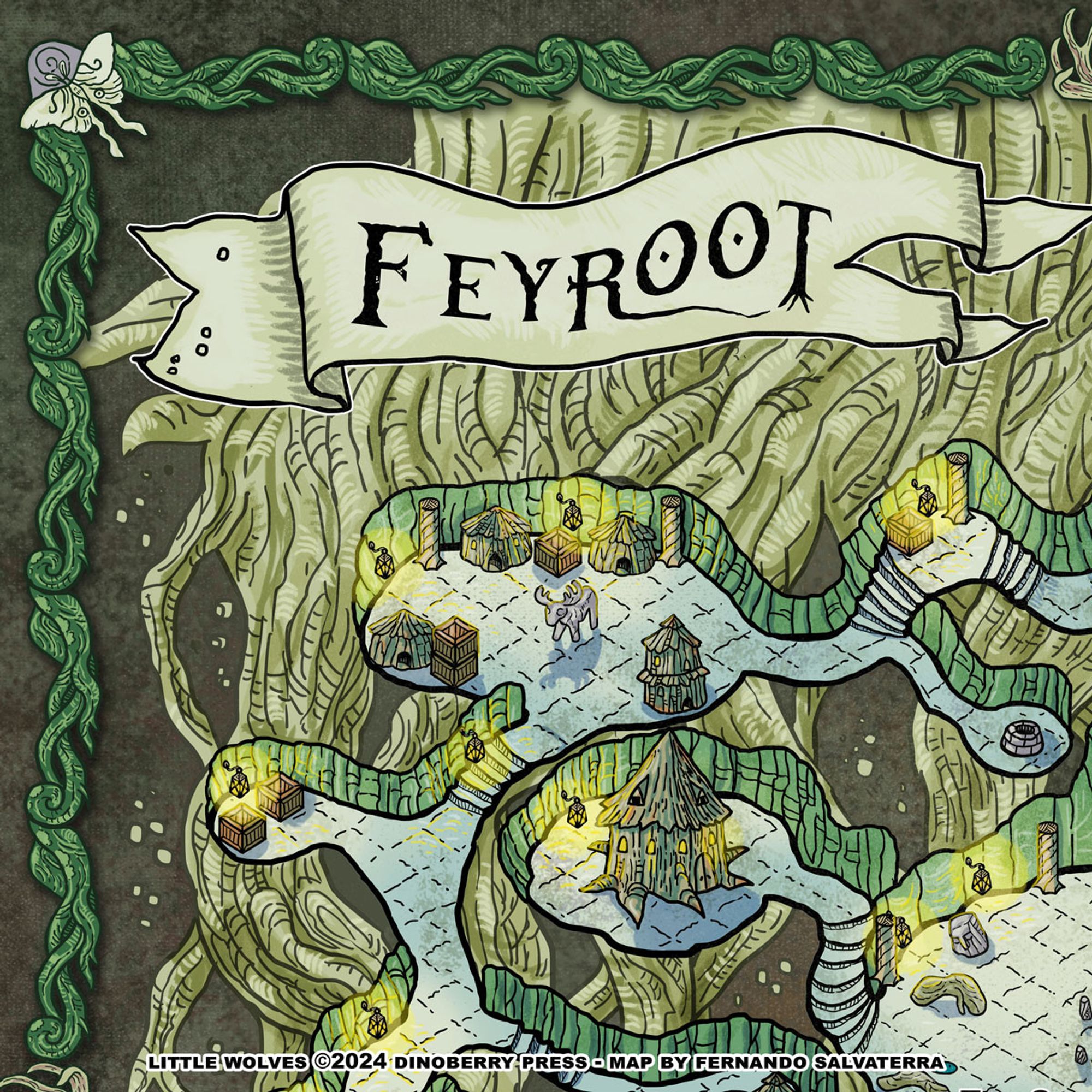 map fragment of the upper left portion of the Feyroot map, with the title and banner, the gnarled mossy roots as a border with a stone and a moth. We can see some tunnels and rooms underground with wooden huts and a "palace".