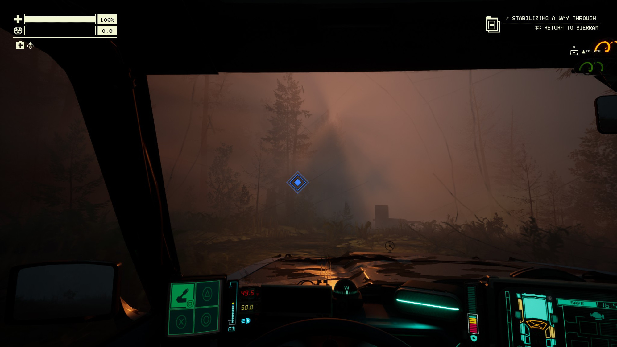 Point of view shot of a car driver. The car is on a dirt road in the woods. Eerie sun beams are striking through dense fog which covers much of the forest. Few tree silhouettes stand out from the fog, luring you deeper into the image.