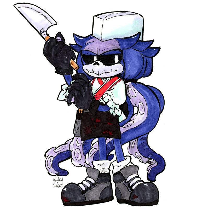 Mimic vs. Sushiya: Mimic from IDW Sonic comics is standing in a sushi chef's uniform, the apron has mysterious red stains on it. His tentacle hair is tied back and is wearing shoes similar to his Duo persona. In his hand is a sharp large knife ready to cut sushi I'm sure. Probably.