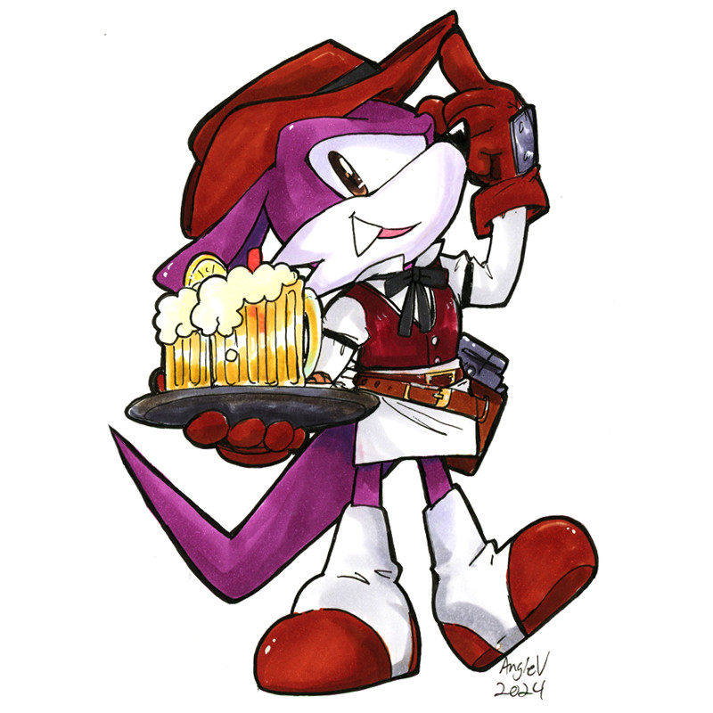 Fang the Hunter vs. Western Saloon: Fang or Nack from the sonic series is standing smugly as he's holding a tray of beer (or cream soda. whichever you prefer.) He's wearing a bartender outfit usually seen in old western movies. His trusty gun in his belt