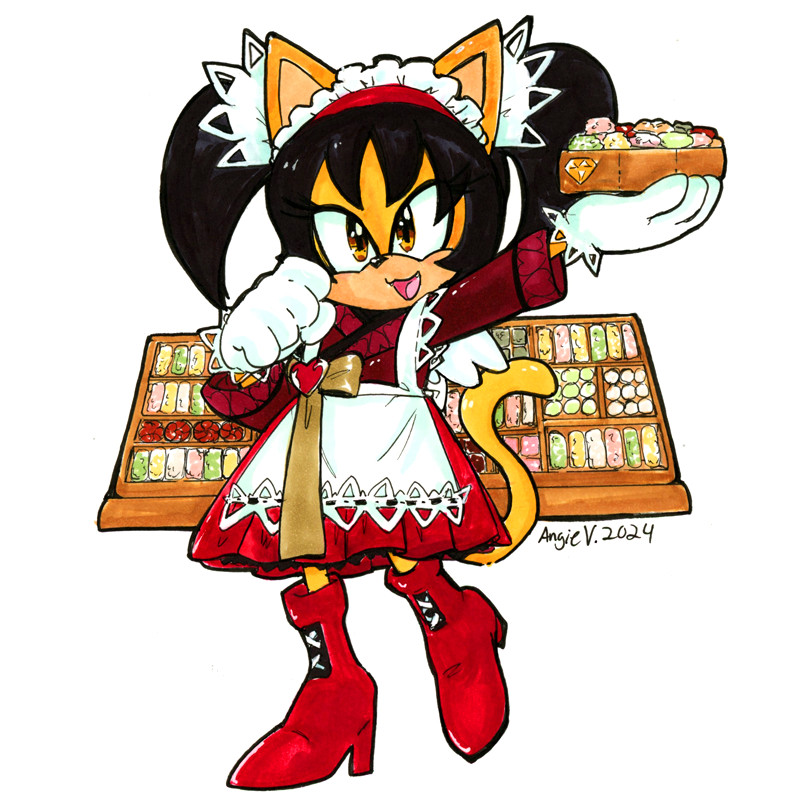 Honey the Cat vs. Hangwa Confectionery: Honey from the Sonic the Fighters game is posing cutely and wearing a modified hanbok to look more like a waitress outfit with apron in her signature colors. Her left hand is lifted up and holding a box of traditional Korean sweets called hangwa. Behind her is a giant assortment of hangwa that she's trying to sell.