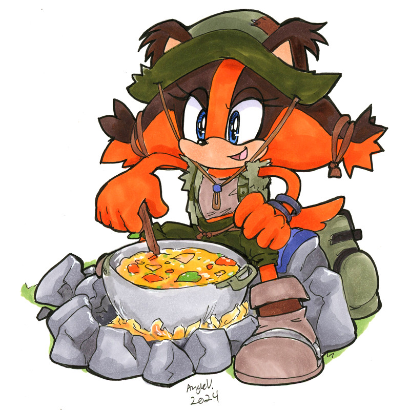 Sticks the Badger vs. Camp Cooking: Sticks the Badger from Sonic Boom is sitting on some rocks stirring a pot of soup that's cooking over a fire. She's wearing dark green camping outfit with hat. Despite not knowing what's in it, it looks good.   