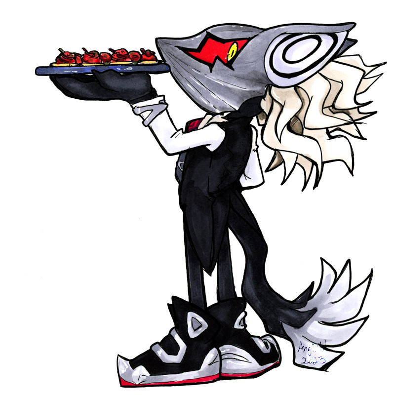 Infinite vs. Masquerade Ball: Infinite from Sonic Forces is in his signature mask but also wearing a black tuxedo vest over a white long sleeve shirt. He looks very proper standing in left profile pose with left arm extended holding a tray of mysterious ruby colored hors d'oeuvres. His eye is turned to one side as is inviting people to come over