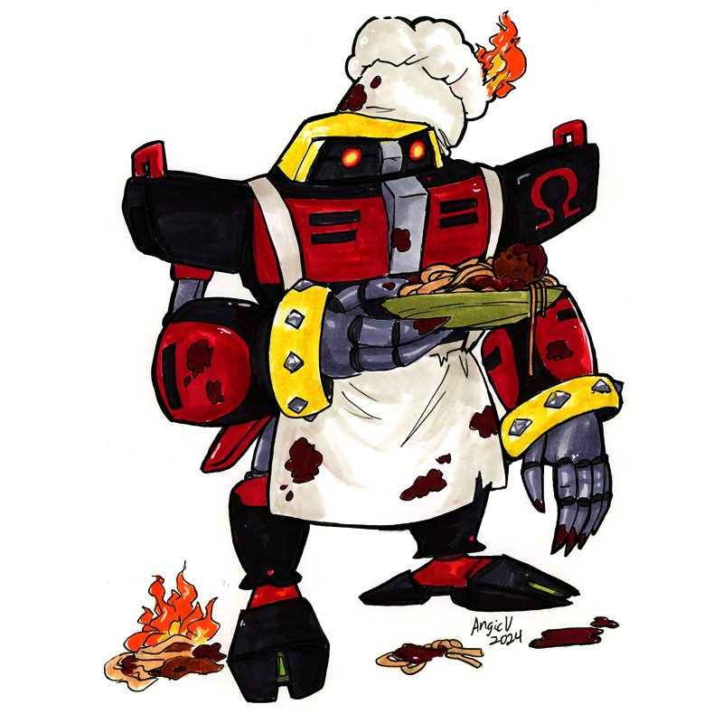 E-123 Omega vs. Pasta Ristorante: Omega from the sonic franchise is standing while holding a messy plate of spaghetti and meatballs in one of his hands. Half of the food is on the floor or on his apron. He's also wearing a stereotypical chef hat. Also it's on fire. 