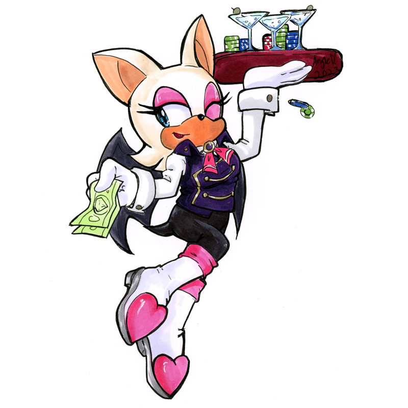 Rouge the Bat vs. Casino Bar: Rouge is in a flying pose wearing a formal suit top as seen at a casino resort. She's smiling & winking and in her left hand is holding a few bills. In her right hand is a tray with martinis and poker chips.