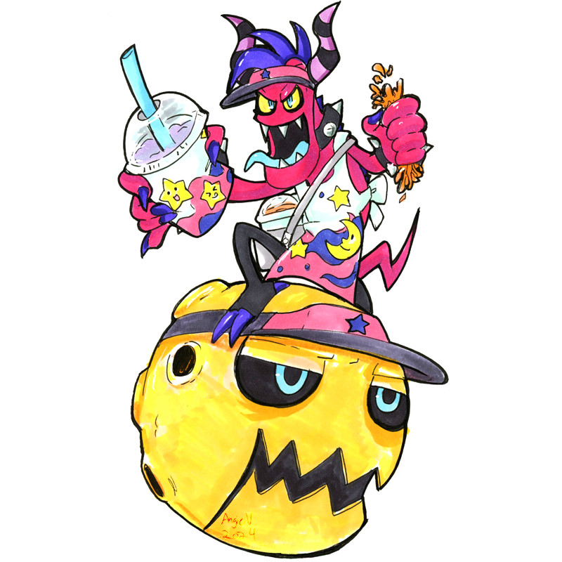 Zazz vs. Smoothies To-Go: Zazz the zeti from Sonic Lost World is riding on top of his moon mech. He's wearing a cute apron and matching sun visor hat with stars & moons on it. a carrying case of smoothies is being worn around his torso. He looks excited as a he has a crushed fruit in his left hand and is thrusting a smoothie cup towards the viewer. I think he must've made them by hand.