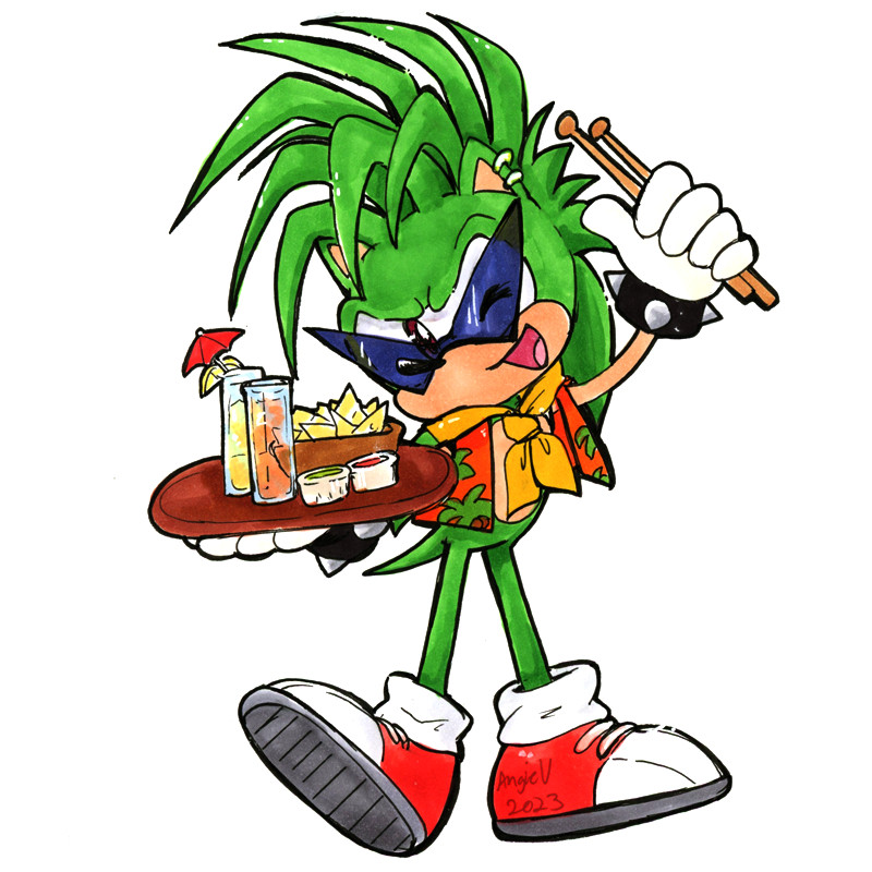 Manic the Hedgehog vs. Chiringuito: Manic from the Sonic Underground series is cheerfully holding a plate of chips, salsa and drinks. He's wearing a tropical shirt with bandana and his pointed sunglasses from the show. In his left hand is a set of drumsticks implying he's about to play soon.