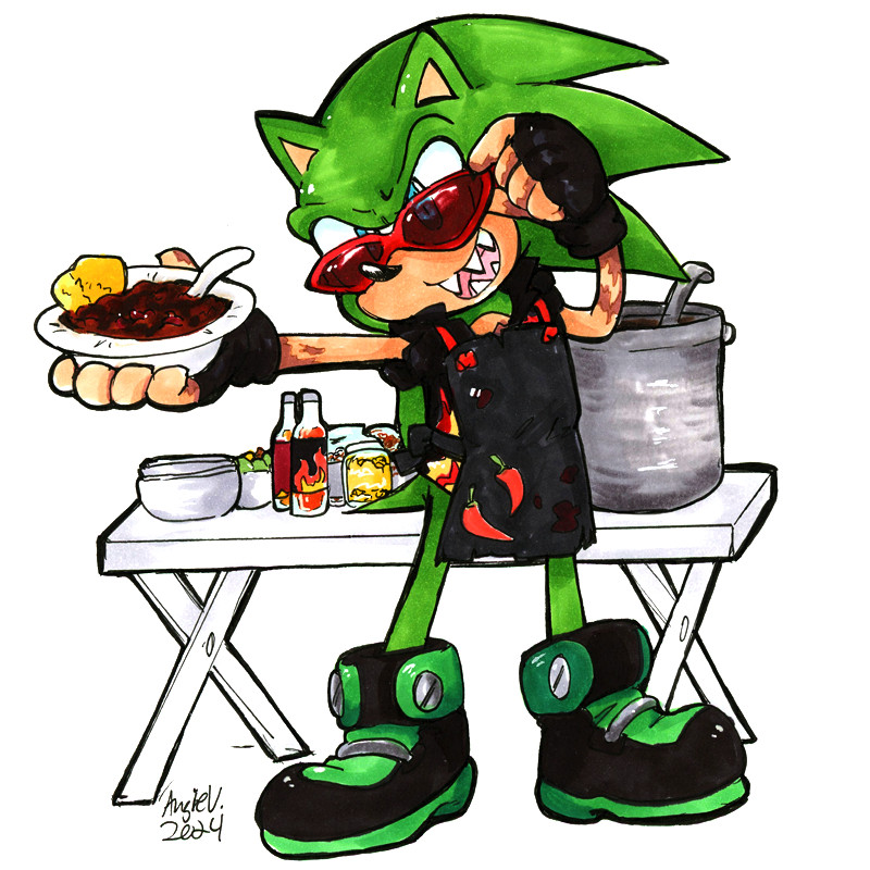 Scourge the Hedgehog vs. Chili Cookoff: Scourge from the Archie Sonic comics is standing proudly in front of a long table with a big pot of chili and common chili ingredients on top of it. He has an arm thrusted forward presenting you a bowl full of chili he made for you to try. He's wearing his sunglasses, a black shirt  and a black apron. 