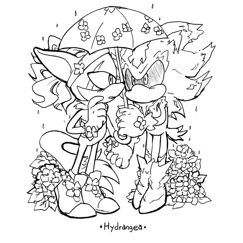 Infinite (in his "Zero" persona) and Mephiles are holding hands under an umbrella in the rain as hydrangea blossoms surround them. Hydrangea usually bloom in rainy weather. It's associated with arrogance, vanity and singlehood, but in other cultures they signify apologies and gratitude.