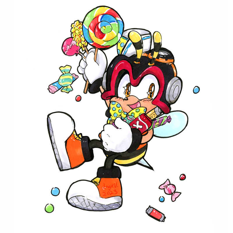 Charmy Bee vs. Candy Shop: Charmy from the Chaotix is delighted and holding an armful of various packaged candies in his left arm. In his right hand he's holding various types of lollipops . He's in a mid flight pose so his legs are kicked up a little. Various types of smaller candies like gumballs are falling in the background. Charmy's wearing his typical outfit but has a yellow polka dot bowtie and matching hat.