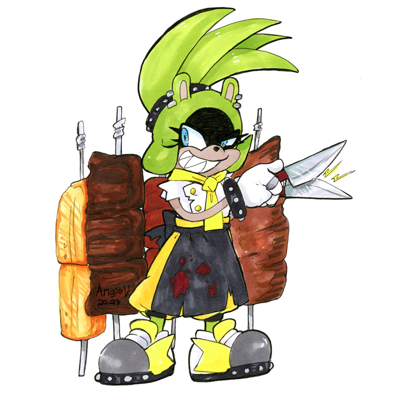 Surge the Tenrec vs. La Churrascaria: Surge from the IDW Sonic comics is in a ripped up chef's outfit with mysterious stains on the apron. She's holding two knifes together to show off their sharpness. Surge is standing in front of a row of meat on skewers like you would see in a Brazilian steak house. She has a mischievous grin on her face.