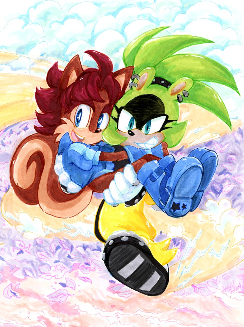 Surge from the IDW Sonic comics and my AU interpretation of Elias Acorn from the Archie Sonic comics running through different terrains at a high speed. 
Surge is bridal carrying Elias as he hangs on to her shoulder. The two of them look happy and having a good time.
The colors are very bright with pastels and no dark outlines