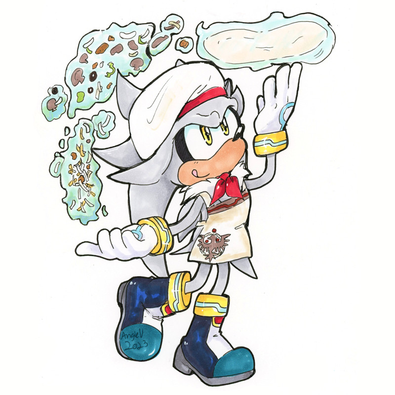 Silver the Hedgehog vs. Pizza Place: Silver from the Sonic franchise is wearing a pizza chef hat & apron with the Soleanna crest on it. He's throwing in the air some pizza dough with his psychic powers. Other pizza toppings are also floating around him thanks to his powers. He looks focused but happy.