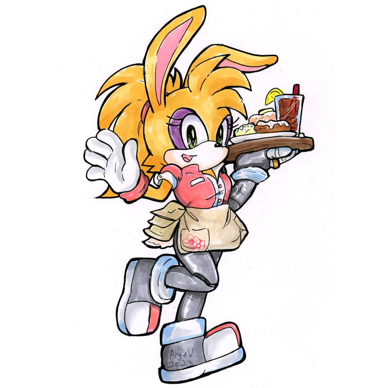 Bunnie Rabbot vs. Country Kitchen: Bunnie from the Archie & Satam Sonic continuity is cheerfully in a pink waitress blouse and rustic matching apron. She's waving while also carrying a tray of typical southern American comfort foods like chicken fried steak, iced tea and mashed potatoes.