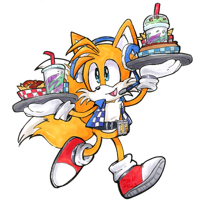 Miles "Tails" Prower vs. Arcade Snacks: Tails from the Sonic the Hedgehog series is running with two trays full of junk food typically gotten at arcades like nachos and milkshakes are in his hands. He's smiling and looks eager to hand these out. He's wearing a vest, matching headset and a coin belt.