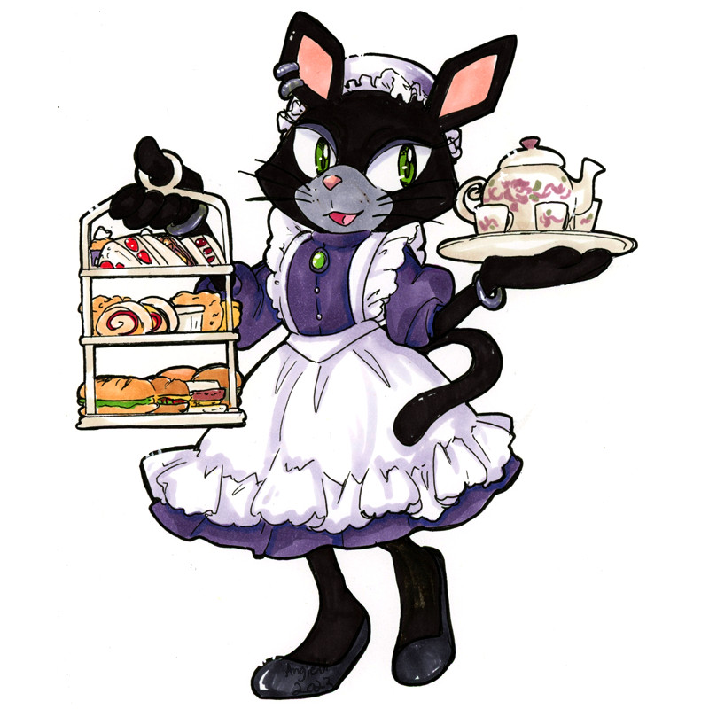 Ebony the Mystic Mog vs. Afternoon Tea: Ebony the cat from Fleetway's Sonic the Comic run is wearing a victorian era maid outfit while holding a tiered tray of tea foods in her right hand and a pot of tea in her left hand. She has a slight spring in her step as she's serving it.

