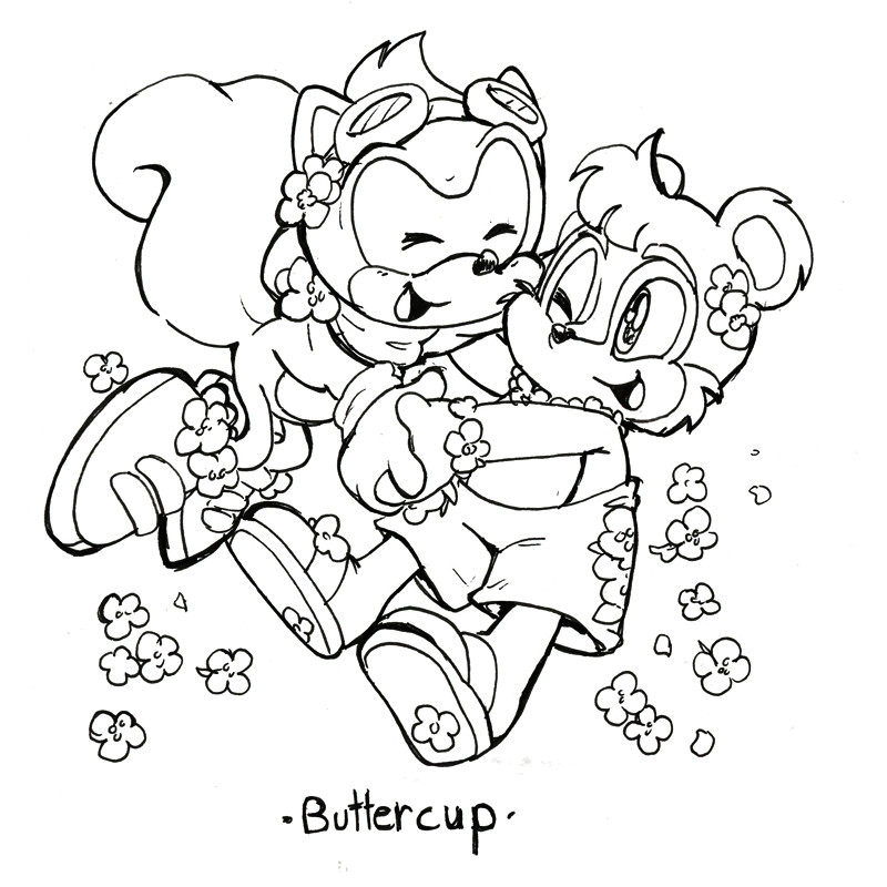 Ray the Flying Squirrel & Rory Bear from the Archie comic continuity are playfully holding hands and laughing among buttercup flowers. Buttercups are a bright yellow wild flower that symbolizes cheerfulness, youth, friendship and simplicity.