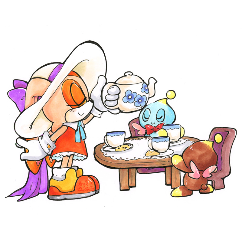 Cream the Rabbit vs. Tea Party: Cream and her chao Cheese & Chocola are around a short table having a tea party. Cream has her left arm extended with a tea pot getting ready to pour a cup for Cheese. They both have their eyes closed, smiling, to feel extra fancy. Cream has a big floppy hat on with a purple ribbon that extends to the floor.