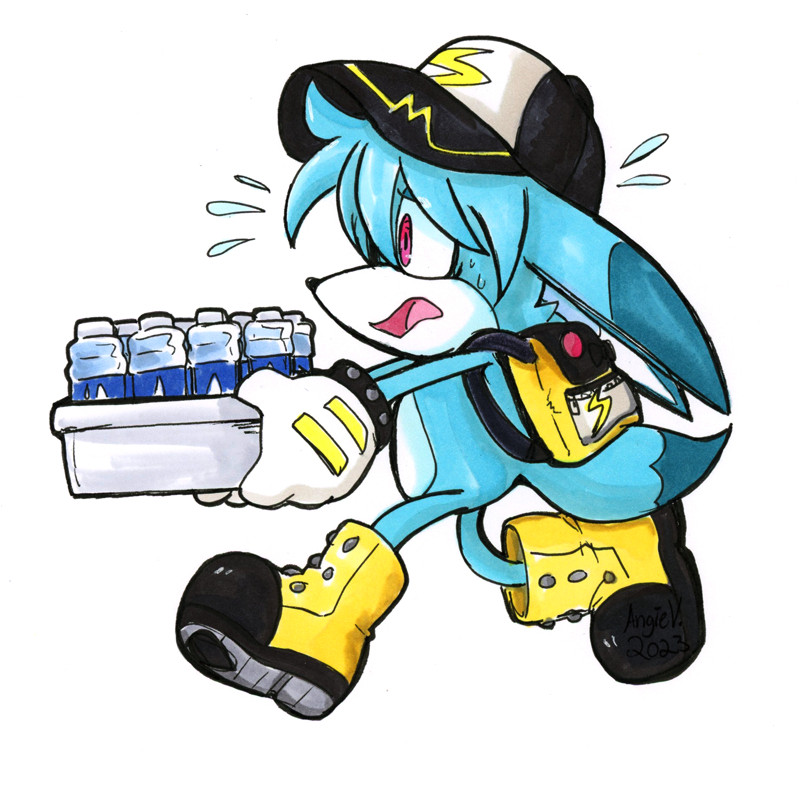 Kitsunami the Fennec vs. Sports Meet: Kitsunami from the IDW Sonic comics is frantically running with a box of bottled waters towards an off screen sports team. He's wearing a black baseball cap with a stylized yellow "S" that looks like a lightning bolt and a matching yellow sports backpack.