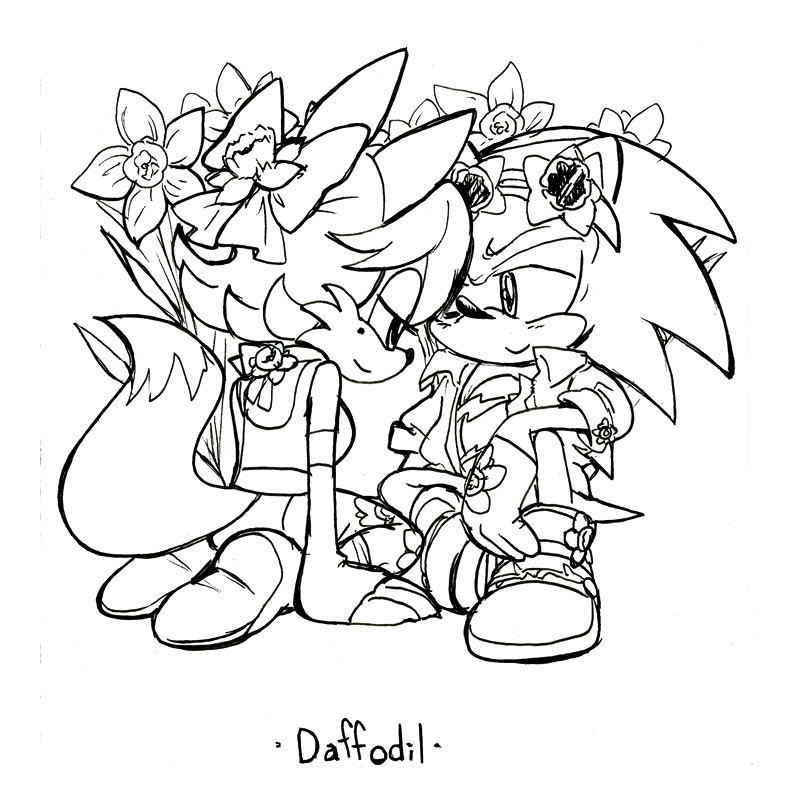 Fiona Fox & Scourge the Hedgehog from Archie Sonic are facing each other and smiling as they sit among daffodil flowers Daffodil, also referred to as “Narcissus” flowers, symbolize rebirth and hope due to their ability to grow back from the same bulb. They're known for their toxicity to other plants but flourish well together