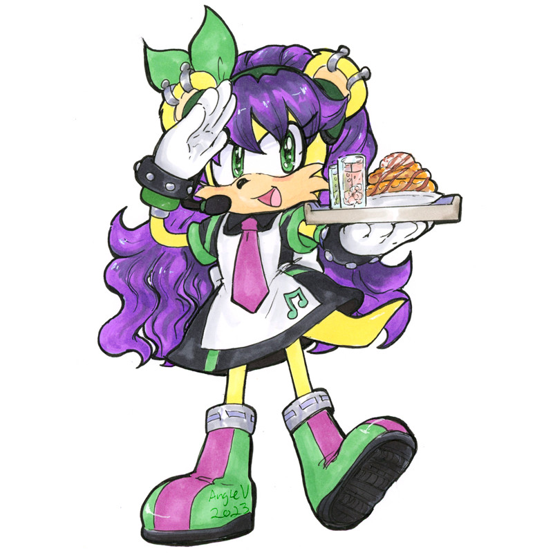 Mina Mongoose vs. Karaoke Box: Mina from the Archie Sonic comics is wearing a modern black waitress outfit with green accents, long purple tie and an apron along with a karaoke head set. Her long wavy hair is down but she has a green ribbon sticking out of the top. She's in a playful saluting pose while holding out a tray of fun snacks and drinks.