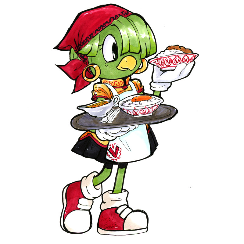 Tekno the Canary vs. Curry House: Tekno from Fleetway's Sonic the Comic series is wearing an traditional Indian inspired yellow, red and black waitress outfit with an apron on top. She has a red bandana wrapped around her head but her signature bangs are still covering her face. The pattern found on her clothes is a V shape that resembles Shortfuse's signature red metal brows. In her right hand is a tray of rice and curry roux and in her left hand is a single bowl of already combined curry rice with meat on top.