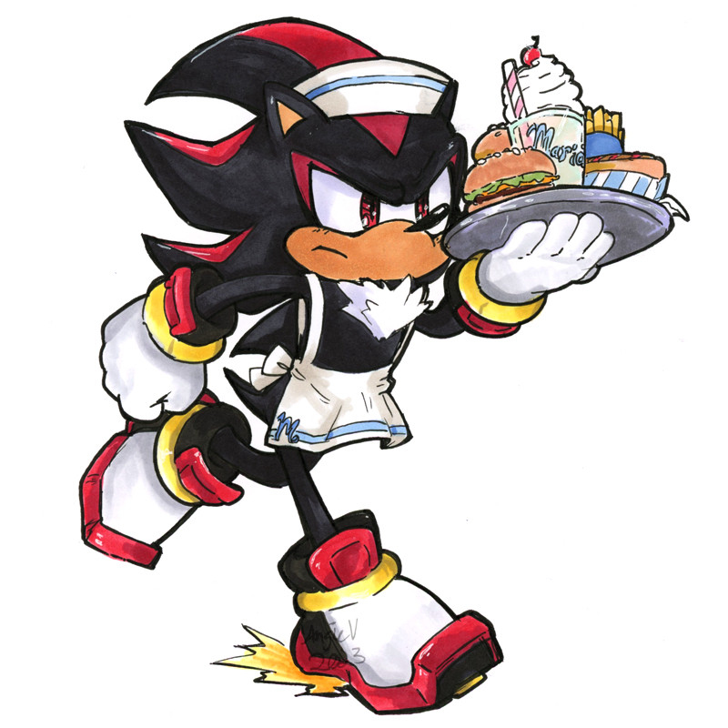 Shadow the Hedgehog vs. 50's Diner: Shadow is skating with his air shoes while wearing a 50's diner apron and matching hat. In his left hand is a tray with hot dogs, hamburgers and a big milkshake. He has his usual scowled expression. The logos on the apron and cups are a blue cursive "M" for "Maria's"