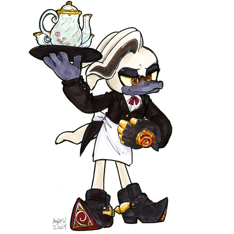 Dr. Starline vs. Butler Cafe: Dr. Starline from the IDW Sonic comics is standing and holding tray with a fancy tea set on it. He's smirking while also bowing to you the patron. He's in a suit jacket and apron to look the part. Maybe don't drink that.