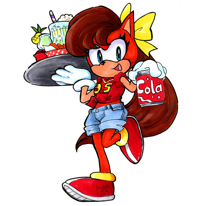 Tiara Boobowski vs. Sports Bar: Tiara from the cancelled Sonic Xtreme game is cheerfully carrying a tray full of typical sports bar food like chicken wings and alcoholic drinks held over her shoulder in her right hand. In her left hand she's holding out a canned soda as if handing it off to someone. She's wearing a red sports jersey tied up to make it a cropped top and light colored baggy denim shorts.