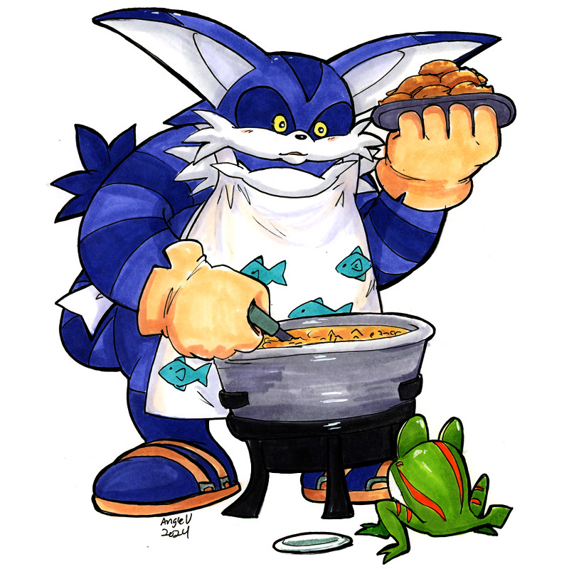 Big the Cat vs. Fish Fry: Big from the sonic series is frying fish in an outdoor fryer. He looks happy as he looks down at Froggy who has his own little plate. Big's also wearing an apron and holding the already completed fish on a plate in his left hand.