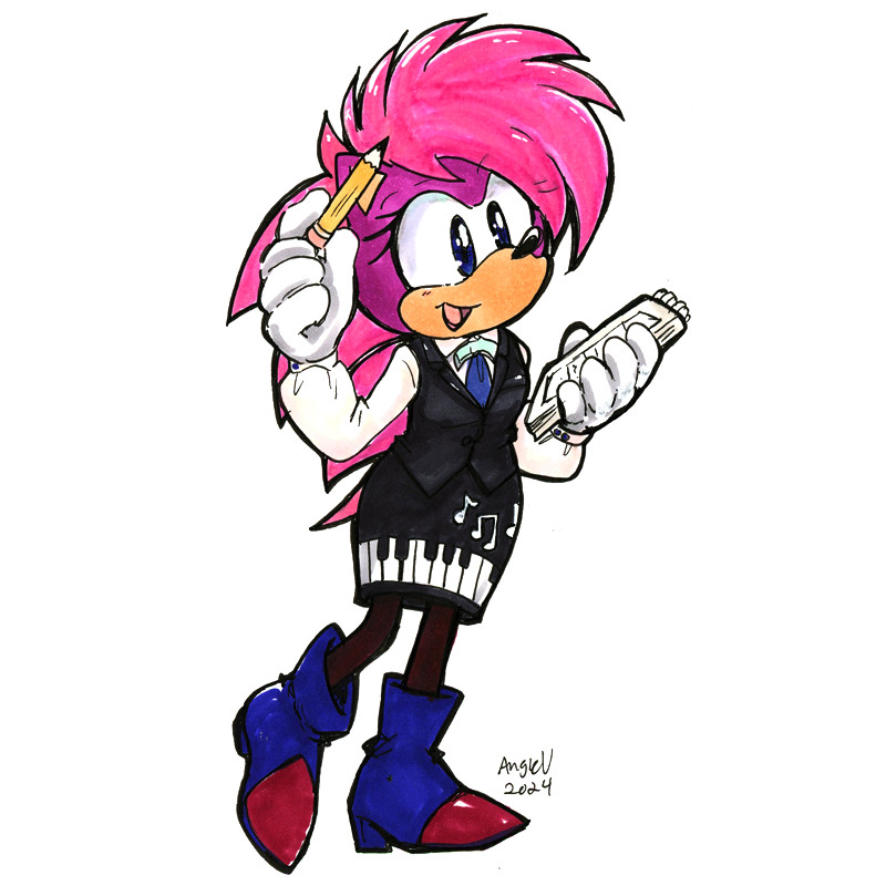 Sonia the Hedgehog vs. Piano Lounge: Sonia from Sonic Underground is wearing a tidy black suit & pencil skirt waitress uniform, there's a piano pattern along the bottom of the skirt. In her left hand is a notepad ready to take an order with a pencil in her right hand by her ear. She looks happy to assist her guests.