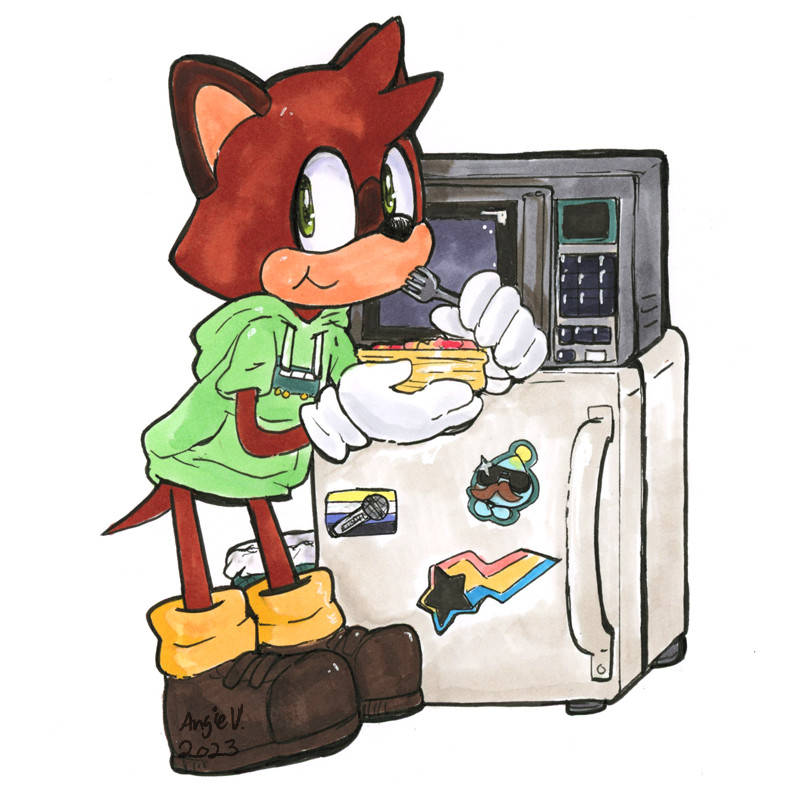 Barry the Quokka vs. Leftovers: Barry, the playable character for The Murder of Sonic the Hedgehog game is in a more casual green hoodie outfit at home. They're in front of a mini fridge with a microwave on top. Barry is turned to the viewer with a small dish food in their right hand and a fork in their left, their mouth full of a bite of food but smiling.