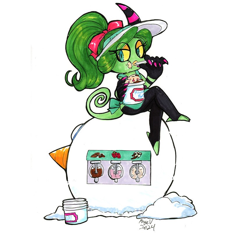 Zeena vs. Self-Serve Froyo: Zeena the zeti is sitting on top of her snowman mech from sonic lost world that's been converted into a self serve frozen yogurt machine. She has her legs crossed but is also wearing an apron & visor and has her hair tied up but she also doesn't show any interest in working as she's eating some froyo for herself.