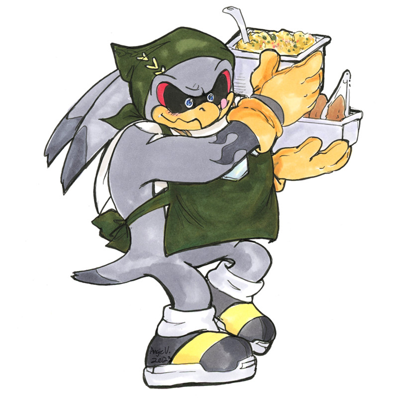 Storm the Albatross vs. Buffet: Storm from the Sonic Riders games is carrying two heavy trays of food to take to a buffet line. He looks happy to be carrying them and has his tongue out to indicate that he's also hungry to eat it. He's wearing a long dark green apron and a matching bandana around his head.