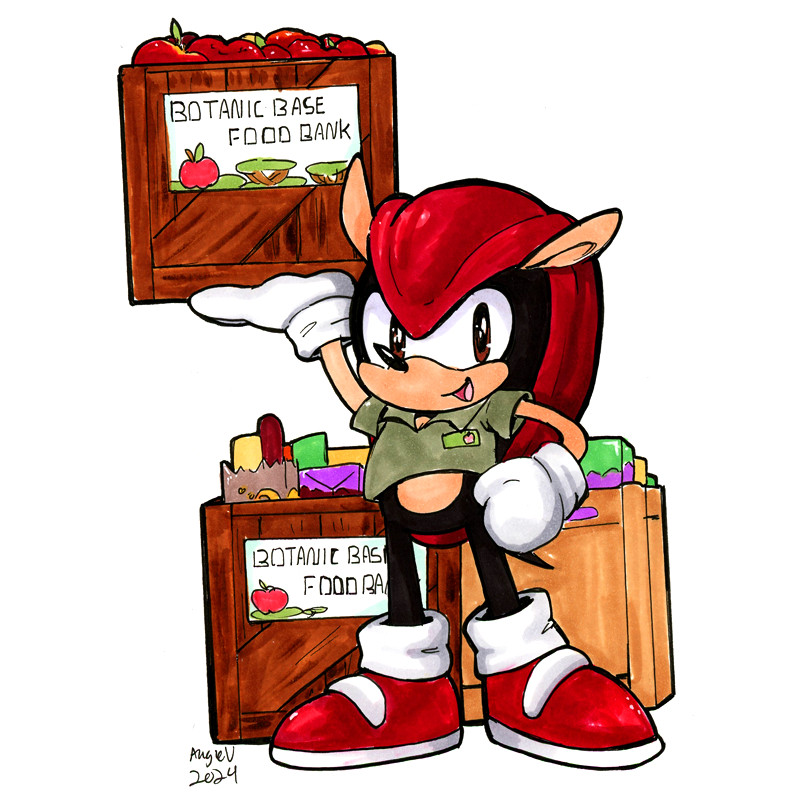 Mighty the Armadillo vs. Food Bank: Mighty is smiling while lifting a huge crate of food with his right hand without much effort. His other hand is on his hip. He's wearing a light blue polo shirt with a red apple logo on the chest. Two other crates of food are behind him. The front of the crates read "Botanic Base Bank" with other logos resembling the trees from the Knuckles Chaotix stage of the same name.