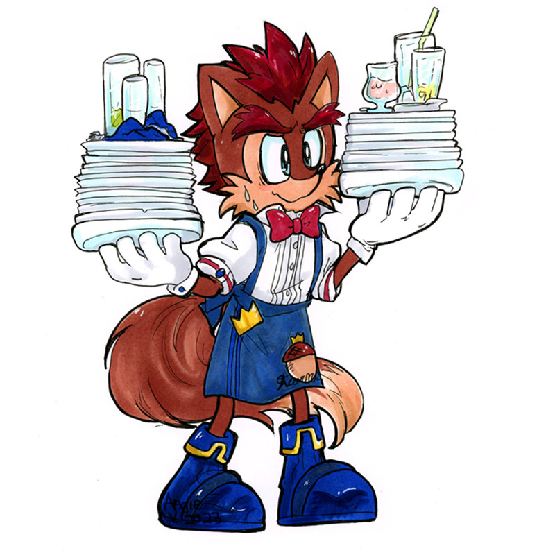 Elias Acorn vs. The Family Restaurant: Elias from the Archie sonic comics is wearing a waiter outfit with matching apron. On the apron is a logo of an acorn wearing a crown, In his hands are stacks of dirty plates & glasses to take back to the kitchen. He looks worn out but determined to do his job