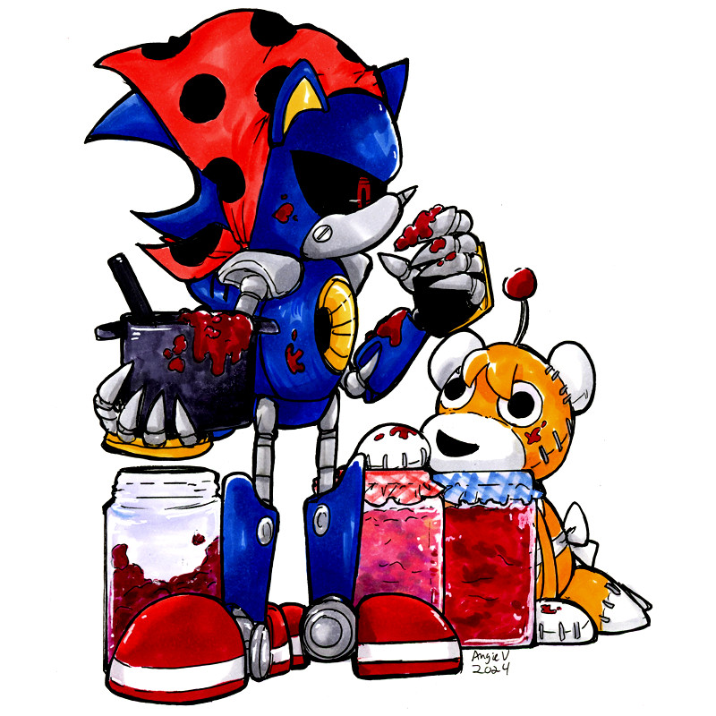 Metal Sonic vs. Jam Processing: Metal Sonic from the Sonic the Hedgehog series is standing while holding a pot of freshly made red jam in his right hand. His left hand is close to his face, there's a large lump of jam on his finger and other places on his arm and he's looking down at it. Around him are several jars filled with other red jam. Metal Sonic is wearing a red polka dot bandana around his head like a cute little babushka. Tails Doll is there too.