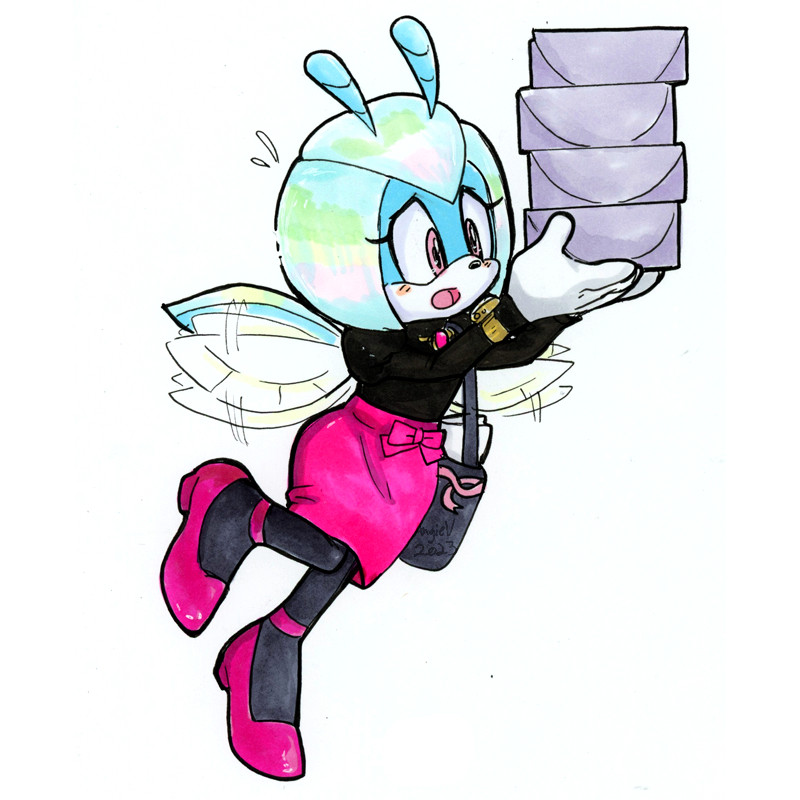 Jewel the Beetle vs. Work Luncheon: Jewel from the IDW Sonic Comics looks rushed as she's carrying four take out boxes in both her hands. She's looking down at a gold watch and is flying there to make it to the meeting on time. She's wearing a tight black turtleneck sweater, a pink statement brooch at the neck, hot pink pencil skirt with black leggings & her signature pink heels.