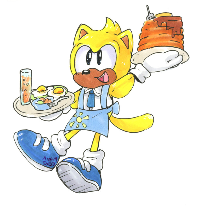 Ray the Flying Squirrel vs. Breakfast Diner: Ray is in a blue & white waiter outfit with a sun logo printed on the apron. He has both of his arms extended, one with eggs & juice on a tray and the other hand has a large stack of pancakes. He has a happy expression.