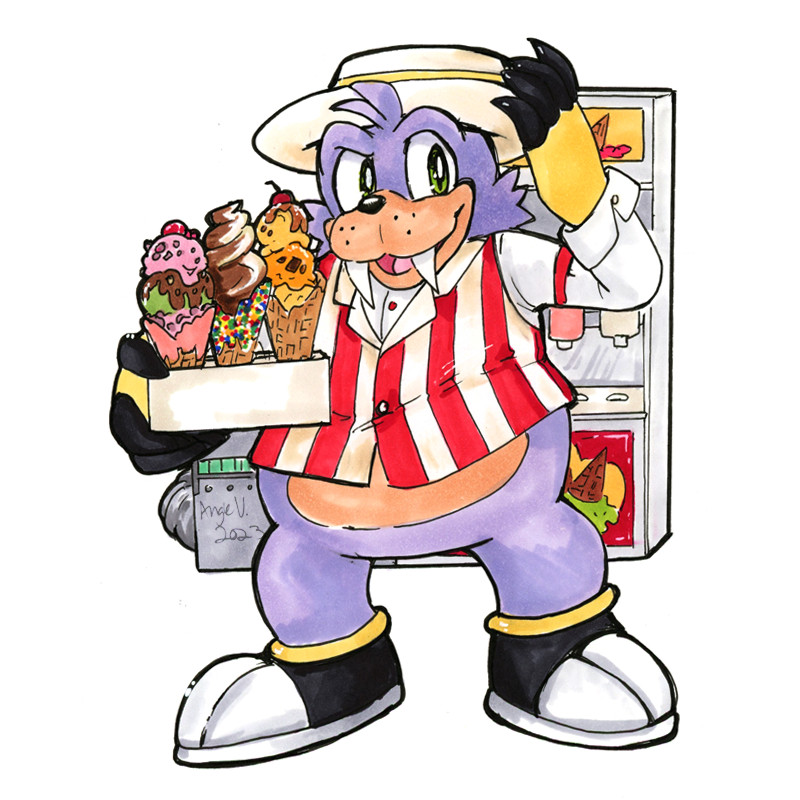 Rotor Walrus vs. Ice Cream Parlor: Rotor from SatAm & the Archie Sonic series is wearing a vintage ice cream vendor uniform with boater hat. He's holding out a tray of huge ice cream cones. Behind him is an ice cream dispensing machine he probably built himself.